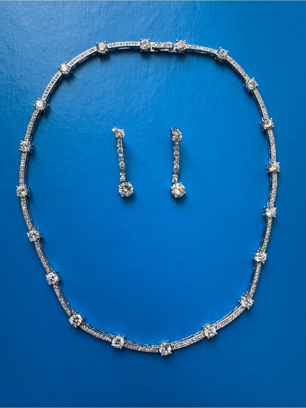 Diamond-Style Silver Tennis Necklace & Drop Earrings Set